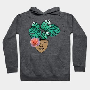 Surreal Monstera House Plant Person with Pink Rose Hoodie